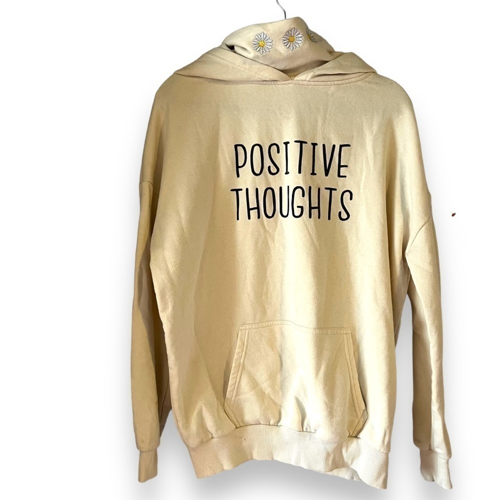 Snood Oversized Hoodie Sweatshirt Small Yellow Pocket Positive Thoughts FLAW
